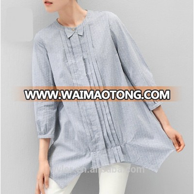 Women Casual Work Wear Blouse 2015 Fall Front Pleated Bowknot Turn Down Collar Three Quarter Irregular Bottoming Shirts