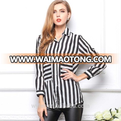 2015 Women Black And White Striped Long Sleeve Chiffon Turn Down Collar Top Blouse