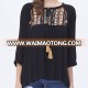 3/4 Sleeve Embroidery Front Open Black Casual Club Party Woman Blouse