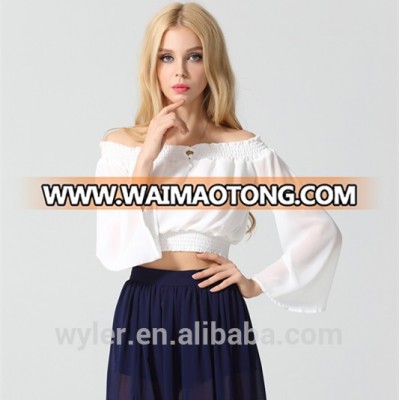 2015 Summer New European And American Slash Neck Short Shirt Low-Cut Off The Shoulder Flare Sleeve Women Crop Top