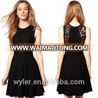 2015 New Arrival Summer Women Sexy Black Sleeveless Lace Hollow Out Mini Dress Wholesale